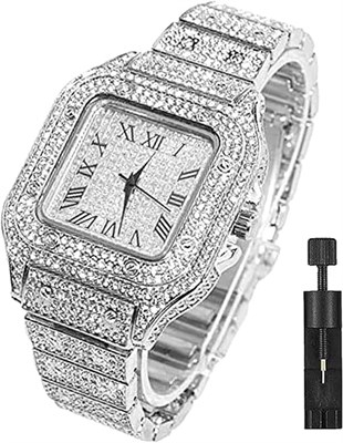 Часы Azonee Diamond Watch, квадратный циферблат, стальной браслет с бриллиантами, римская шкала, кварцевые часы, аналоговые наручные часы для мужчин и женщин, серебристый цвет 1000007498 - фото 530027