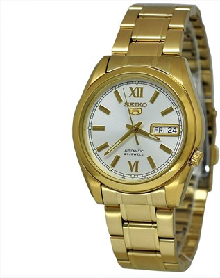 Часы Seiko SNKL58 Mens Seiko 5 с корпусом и браслетом из нержавеющей стали золотистого оттенка, белым циферблатом, указателем дня недели и даты 1000007738 - фото 530960