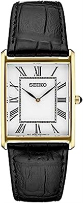 Мужские часы SEIKO Essentials — водонепроницаемые, с прямоугольным корпусом из нержавеющей стали и кожаным ремешком 1000007779 - фото 531119