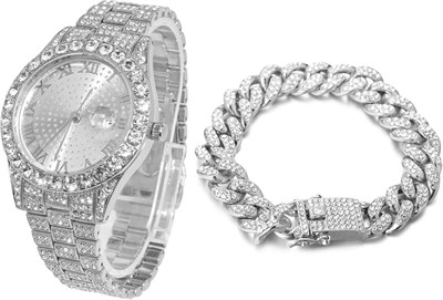 Часы HALUKAKAH Diamonds Gold Iced Out, мужские, с покрытием из 18-каратного золота/платины, с круглым циферблатом, кварцевым браслетом, шириной 42 мм, длиной 24 см, с кубинской цепочкой, длиной 20+45 см, с бесплатной подарочной коробкой 1000007835 - фото 531359