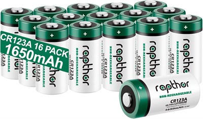 Литиевые батарейки Rapthor CR123A 3 В CR17345, упаковка из 16 шт., 1650 мАч, высокая мощность 123 А, срок годности 10 лет, неперезаряжаемые батарейки CR123 для фонариков, игрушек, систем сигнализации, микрофонов (не для Arlo) 1000008405 - фото 534103