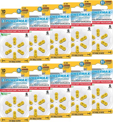 Батарейки для слуховых аппаратов Powermax размера 10, жёлтая этикетка, сделано в США, 64 штуки 1000008523 - фото 534529