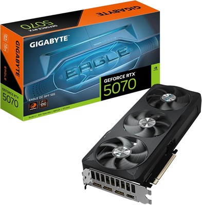 Видеокарта Gigabyte GeForce RTX 5070 Eagle OC SFF 12G — 12 ГБ GDDR7, 192-битная шина PCI-E 5.0, тактовая частота ядра 2587 МГц, 3 порта DP 2.1a, 1 порт HDMI 2.1b, NVIDIA DLSS 4, GV-N5070GAMING OC-12GD 1000008673 - фото 535156