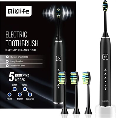 Электрическая зубная щетка MIKLIFE Sonic, 5 режимов, перезаряжаемая, умная, с 3 насадками для взрослых, черная 1000009248 - фото 536504