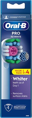 Электрическая зубная щетка Oral-B Pro 3D White с Х-образной щетиной и уникальной полирующей чашкой для отбеливания зубов и удаления поверхностных пятен. Упаковка из 4 насадок, белая. 1000009292 - фото 536700