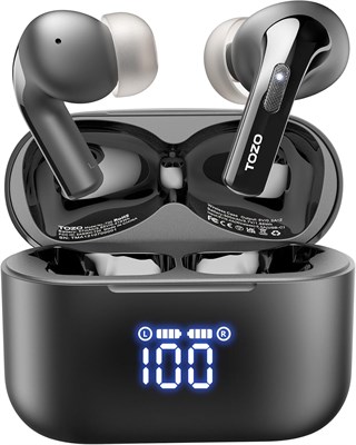 Беспроводные наушники TOZO T20 Bluetooth с 48,5 часами воспроизведения, светодиодным цифровым дисплеем, водонепроницаемостью IPX8, двумя микрофонами, шумоподавлением, 10-миллиметровыми динамиками с широким диапазоном частот и чехлом для беспроводной заряд 1000009624 - фото 538258