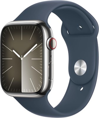 Смарт-часы Apple Watch Series 9 [GPS+Cellular, 45 мм] в серебристом корпусе из нержавеющей стали со спортивным ремешком цвета «штормовой синий» (Storm Blue) S/M. Фитнес-трекер, приложения для измерения уровня кислорода в крови и ЭКГ, постоянно включенный 1000009977 - фото 539897