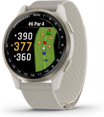 Garmin Approach® S50, продвинутые смарт-часы для гольфа с GPS-навигатором, AMOLED-дисплей, функции отслеживания на поле, пульсометр на запястье, кремово-золотой алюминиевый безель с нейлоновым ремешком ComfortFit цвета слоновой кости 1000010065 - фото 540308