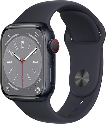 Новые смарт-часы Apple Watch Series 8 (GPS + Cellular, 41 мм) — корпус из алюминия цвета «полночный» с спортивным ремешком цвета «полночный» — стандартный. Фитнес-трекер, приложения для измерения уровня кислорода в крови и ЭКГ, водонепроницаемость (обновл 1000011285