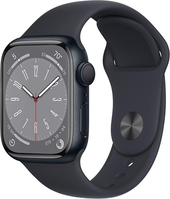 Новые смарт-часы Apple Watch Series 8 (GPS, 41 мм) — корпус из алюминия цвета «полночный» с спортивным ремешком цвета «полночный» — стандартный. Фитнес-трекер, приложения для измерения уровня кислорода в крови и ЭКГ, водонепроницаемость (обновлённая верси 1000011297