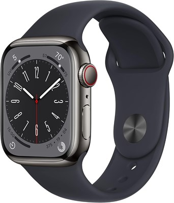 Новые смарт-часы Apple Watch Series 8 (GPS + Cellular, 41 мм) – корпус из нержавеющей стали цвета графит, спортивный ремешок Midnight Sport – стандартный. Фитнес-трекер, приложения для измерения уровня кислорода в крови и ЭКГ, водонепроницаемость. 1000011364