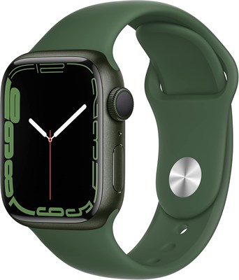 Смарт-часы Apple Watch Series 7 (GPS, 41 мм) — корпус из зелёного алюминия, спортивный ремешок Clover — стандартный. Фитнес-трекер, приложения для измерения уровня кислорода в крови и ЭКГ, постоянно включённый дисплей Retina, водонепроницаемость. 1000011395