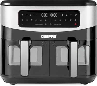 Аэрофритюрница Geepas объемом 9 л с двумя корзинами и функцией Vortex — семейного размера, цифровая конвекция 10-в-1, сенсорный светодиодный экран, таймер на 60 минут и антипригарные корзины, тостер без масла | Гарантия 2 года 1000011844 - фото 548280
