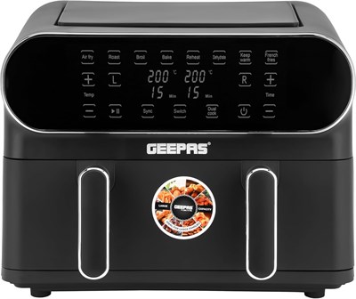 Цифровая аэрофритюрница Geepas GAF37532 | Объём 11 л | Картофель фри, стейки, курица, пирожки, мясо, хлеб | Две корзины объёмом 5,5 л с разделителем | Цифровой дисплей, многофункциональность: сушка, гриль и другие функции, таймер от 1 до 60 мин. 1000011886 - фото 548486