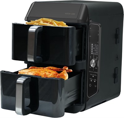 Аэрофритюрница Green Lion Double-Decker Pro мощностью 2400 Вт, 6 режимов, объём 11,2 л, сенсорный дисплей, решетка для блюд, готовит 4 блюда одновременно, температура до 230 °C, быстрая циркуляция воздуха, антипригарное покрытие, подходит для использовани 1000012042 - фото 549220