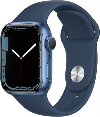 Смарт-часы Apple Watch Series 7 (GPS, 41 мм) — корпус из синего алюминия, спортивный ремешок Abyss Blue — стандартный. Фитнес-трекер, приложения для измерения уровня кислорода в крови и ЭКГ, постоянно включенный дисплей Retina, водонепроницаемость (обновл 1000013083