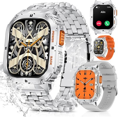 Мужские тактические смарт-часы GStorm Military AMOLED с дисплеем 1,95 дюйма, прочные, для активного отдыха, с 3 ремешками, водонепроницаемые и ударопрочные, более 100 спортивных режимов, компас, мониторинг здоровья, функция вызова (серые) 1000013113