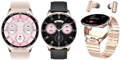 Водонепроницаемые умные часы HainTeko ST 9 с наушниками, золотистого цвета, тремя парами ремешков и беспроводным зарядным устройством для женщин, женские круглые умные часы 1000013193