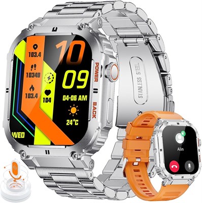 Умные часы Military Smart Watch для мужчин (прием и совершение звонков), сенсорный экран HD 1,96 дюйма, 100 спортивных режимов, аккумулятор 400 мА·ч, пульсометр, датчик SpO2, измерение артериального давления, водонепроницаемые фитнес-часы 5 атм для Androi 1000013250