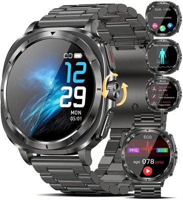 Умные часы для мужчин и женщин, HD-дисплей 1,43 дюйма, фитнес-часы для здоровья, круглосуточное измерение пульса, артериального давления, SpO2, мониторинг сна, NFC, звонки по Bluetooth (трехрядный браслет из нержавеющей стали, черный) 1000013271