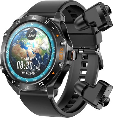 Умные часы Porodo Hype с черным циферблатом, наушниками и черным кожаным ремешком 1000013414