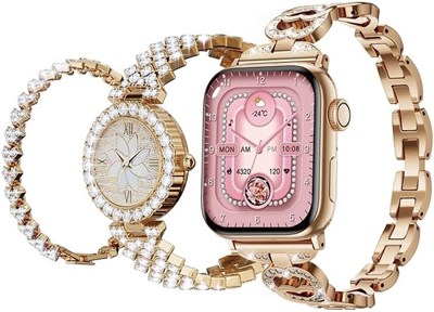 Умные часы HainoTeko G15 Mini Series 10. Стильный комплект с аналоговыми часами и браслетом. В комплекте 3 пары ремешков и кабель для зарядки. Разработано для женщин. 1000013494