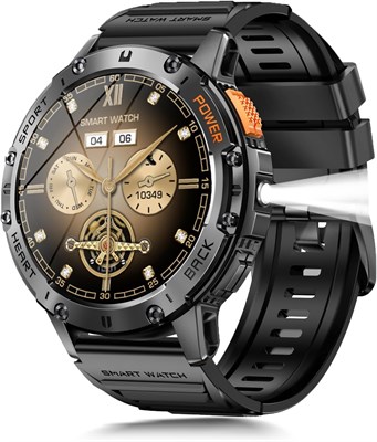 Умные часы Military Smart Watch для мужчин с фонариком, более 170 спортивных режимов, 1,43-дюймовый AMOLED-экран, 530 мА·ч, возможность принимать и совершать звонки, Bluetooth для телефонов Android и iPhone, совместимый с шагомером (черные) 1000013500