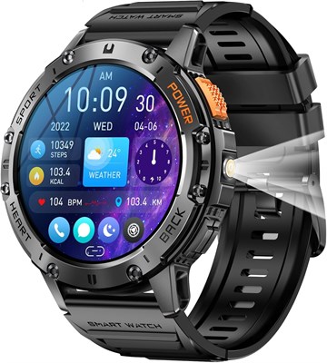 Мужские смарт-часы Uniiking® с дисплеем 1,43 дюйма AMOLED и военным дисплеем (приём и совершение звонков), более 100 спортивных режимов, светодиодный фонарик, аккумулятор 530 мА·ч, пульсометр, SpO2, фитнес-трекер для Android и iOS, чёрный 1000013742