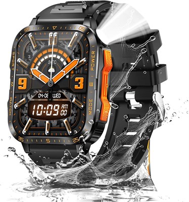 Прочные смарт-часы для мужчин со светодиодным фонариком/УФ-подсветкой, водонепроницаемость 3 АТМ, большой экран 1,96 дюйма, тактический фитнес-трекер с пульсометром и датчиком SpO2, совместимые с iPhone и Android 1000013744