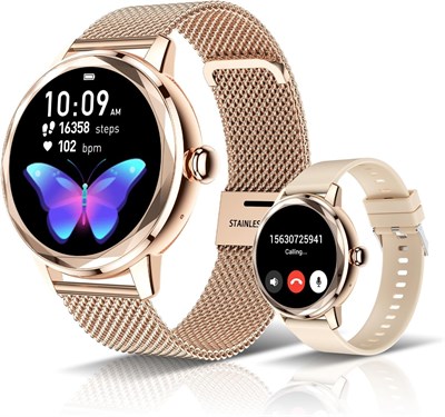 Умные часы для женщин с функцией вызова/звонка, золотые женские часы с дисплеем 1,19 дюйма для телефонов Android и iOS, с защитой IP67, фитнес-трекером, монитором артериального давления, пульса, сна и женского цикла, 2 ремешка 1000014079