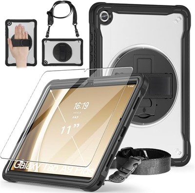 Чехол JSUSOU для Samsung Galaxy Tab A9 Plus 11'' (2023), [защита от детей] для всего корпуса, с защитным стеклом 9H, вращающейся на 360° подставкой и ремешком на руку (прозрачный черный) 1000018617