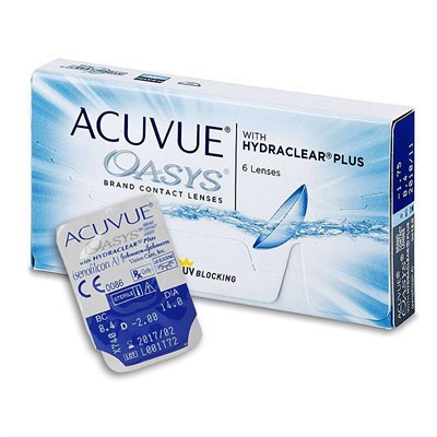 Шестерка двухнедельных контактных линз Acuvue Oasys для коррекции зрения с диоптриями -5.75, базовым радиусом 14 и диаметром 8.4, в упаковке на шесть штук. 1000020392