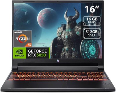 Ноутбук для игр Acer Nitro V 16 AI с дисплеем WUXGA IPS 180Гц, процессором AMD Ryzen 5 2400, 16 ГБ оперативной памяти, 512 ГБ SSD, видеокартой NVIDIA® GeForce RTX™ 5050 8 ГБ GDDR7, предустановленной Windows 11, английской раскладкой клавиатуры и цветом «О 1000020520