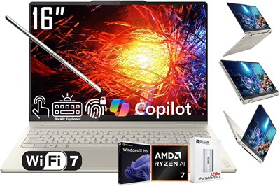 Lenovo Yoga 7 2-в-1 AI PC Copilot+ Ноутбук, 16-дюймовый сенсорный ЖК-экран 2K, 8-ядерный AMD Ryzen AI 7 350, 16 ГБ LPDDR5X, 1 ТБ SSD, Wi-Fi 7, клавиатура с подсветкой, сканер отпечатков пальцев, веб-камера 1080P, W/128 PSD, Windows 11 PRO 1000020553