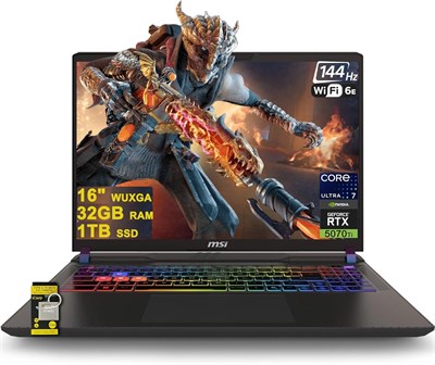 Игровой ноутбук MSI Vector 16 HX AI, 16-дюймовый WUXGA IPS-дисплей, 144 Гц, 20-ядерный процессор Intel Ultra 7 255HX (превосходит i9-14900HX), 32 ГБ ОЗУ, 1 ТБ SSD, видеокарта GeForce RTX 5070 Ti с RGB-подсветкой, Thunderbolt 5, Wi-Fi 6E, Windows 11, ICP H 1000020585