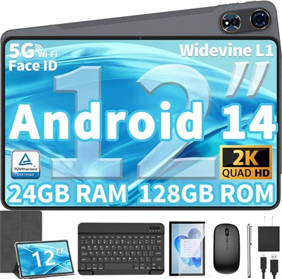 Планшет 12 дюймов, Android 14, 24 ГБ (8+16) ОЗУ M+128 МБ памяти (расширяемая до 1 ТБ), Android-планшет с клавиатурой, восьмиядерный процессор 5.0 (серебристый) 1000021025