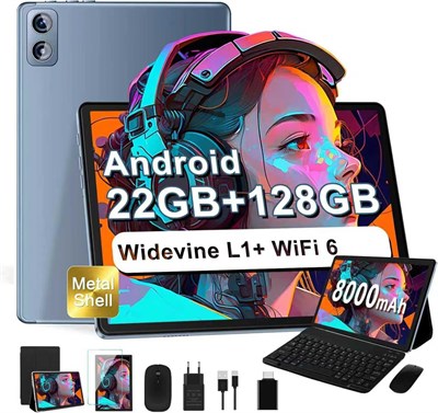 10-дюймовый планшет на Android 14 (2025) с сенсорным экраном — 22 ГБ ОЗУ + 128 ГБ, 8000 мАч, Bluetooth 5.0, Wi-Fi 5G/2.4G с сертификацией Widevine L1/GMS, двойная камера 5+8 МП, восьмиядерный процессор — клавиатура и мышь в комплекте — серый 1000021027