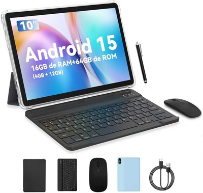 Планшет PRITOM 10 дюймов, планшет 4-в-1, 8 ГБ, 64 ГБ ПЗУ, Android 14, расширение памяти до 1024 ГБ, Qcta Core, Wi-Fi 6, аккумулятор 6000 мАч, планшетный ПК с клавиатурой, мышью и чехлом, серый. 1000021040