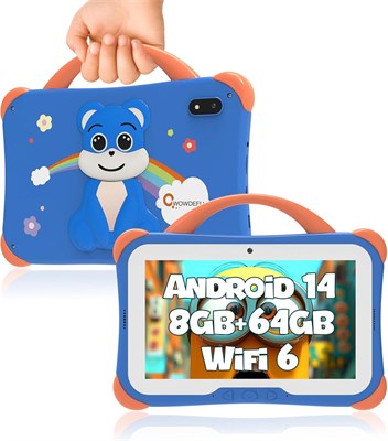Детский планшет CWOWDEFU 7 дюймов - Android 14, 8 ГБ + 64 ГБ памяти, аккумулятор 4000 мАч, блокировка от детей, двойная камера, FM/GPS/OTG, защитный чехол - подарок для малышей (синий) 1000021103