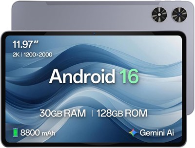12-дюймовый планшет, Android 15, широкоформатный экран Full HD 2K (2000 x 1200), 24 ГБ ОЗУ (6+18) + 128 ГБ ПЗУ, восьмиядерный процессор, камера 13+5 МП, аккумулятор 8000 мАч, Widevine L1, Wi-Fi 2.4G/5G, Bluetooth 5.0, GPS 1000021116