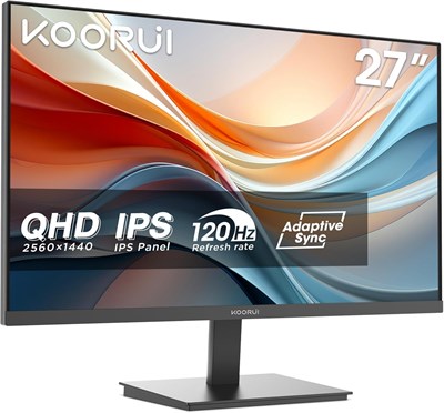 Монитор KOORUI 27 дюймов, QHD (2560x1440) IPS, 120 Гц, время отклика 1 мс, MPRT HDR10, 99% sRGB, 95% DCI-P3, совместимость с Adaptive Sync, защита глаз Eye-Care, регулировка наклона, крепление VESA. 1000021536