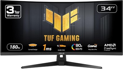 Изогнутый ультраширокий монитор ASUS TUF Gaming 34 дюйма (VG34VQ3B) – 21:9 QHD (3440x1440), 180 Гц, 1 мс, технология Extreme Low Motion Blur Sync, FreeSync Premium, встроенные динамики, 90% DCI-P3, DisplayWidget Center, 3-летняя гарантия. 1000021591