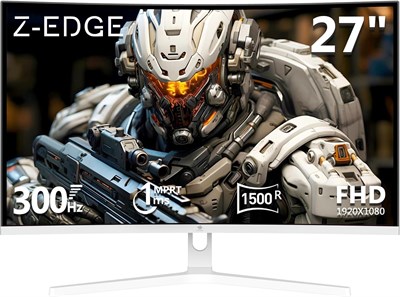 Игровой изогнутый монитор Z-EDGE 27 дюймов — соотношение сторон 16:9, Full HD 1920x1080, частота обновления 300 Гц, время отклика 1 мс, безрамочный LED-дисплей, AMD FreeSync Premium — порты DisplayPort и HDMI, модель UG27H, белый. 1000021608