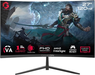 Игровой монитор GAMEON 27 дюймов с изогнутым экраном – Full HD 1080p, 120 Гц, 1 мс MPRT, FreeSync, VRR, HDMI 2.1 + VGA, встроенные динамики, плавная игра на консолях и ПК, крепление VESA, 100% sRGB, низкая задержка ввода. 1000021618