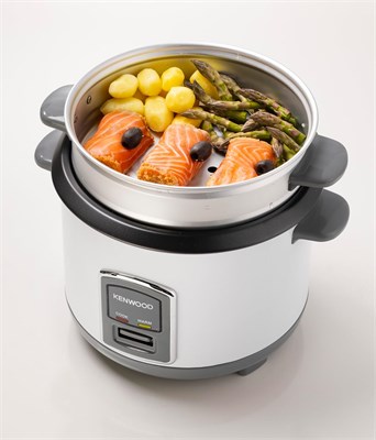 Рисоварка KENWOOD 2-в-1, 1 л, на 5 чашек риса, с корзиной для приготовления на пару, антипригарной кастрюлей, термостойкой стеклянной крышкой, индикаторами подогрева/готовки, держателем для лопатки, съемным шнуром. RCM10.000WH, белый цвет. 1000022717