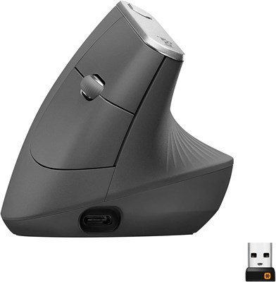 Беспроводная мышь Logitech MX Vertical – усовершенствованный эргономичный дизайн, снижающий мышечное напряжение, позволяет управлять и перемещать контент между тремя окнами и компьютерами Apple (Bluetooth или USB), перезаряжаемая, графитового цвета. 1000024355