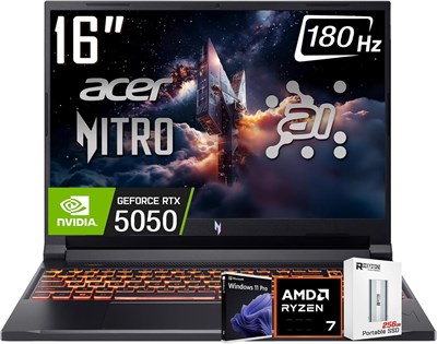 Ноутбук для игр Acer Nitro V 16 AI имеет 16-дюймовый экран WUXGA IPS с частотой обновления 180 Гц. В его оснащении процессор AMD Ryzen 7 260 (лучше, чем Intel i7-14700), видеокарта NVIDIA GeForce RTX 5050 с 8 ГБ памяти GDDR7, 16 ГБ оперативной памяти DDR5 1000024448