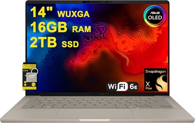 ASUS Zenbook A14 - ноутбук с 14-дюймовым WUXGA OLED-экраном (100% DCI-P3, 600 нит HDR), восьмиядерным процессором Qualcomm Snapdragon X Plus (яркость до 45 дюймов), 16 ГБ оперативной памяти и 2 ТБ SSD. Предназначен для создателей контента и бизнес-професс 1000024511