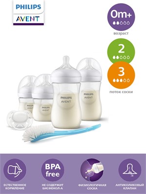 Набор для новорожденных Philips Avent Natural Response SCD838/11 включает в себя 4 бутылочки (2 по 125 мл и 2 по 260 мл), 2 соски с медленным потоком, 2 соски со средним потоком, 1 пустышку ultra soft для детей от 0 до 6 месяцев и щеточку 1000026123
