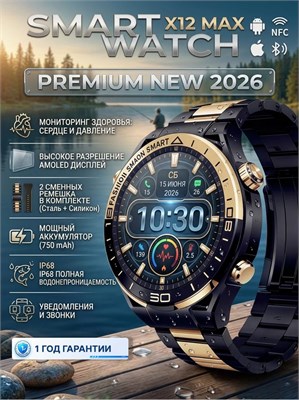 Мужские наручные смарт-часы PREMIUM X12 MAX с AMOLED экраном, 2 ремешками, диаметром 46 мм, черного цвета - умные часы для мужчин 1000026498